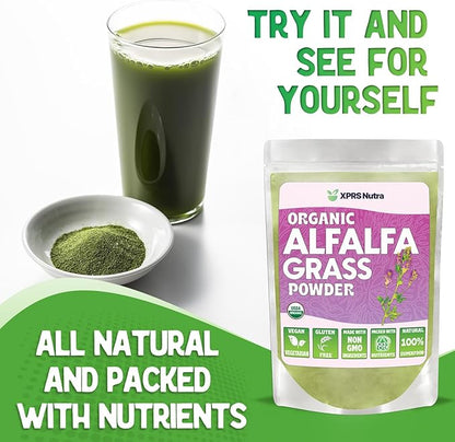 XPRS Nutra Organic Alfalfa Powder - Premium Vegan Alfalfa Supplement Rich in Calcium, Antioxidants, Vitamins - Farmer Alfalfa Supplement for Kids and Adults - Vegan Friendly Alfalfa Leaf (8 Ounce)
