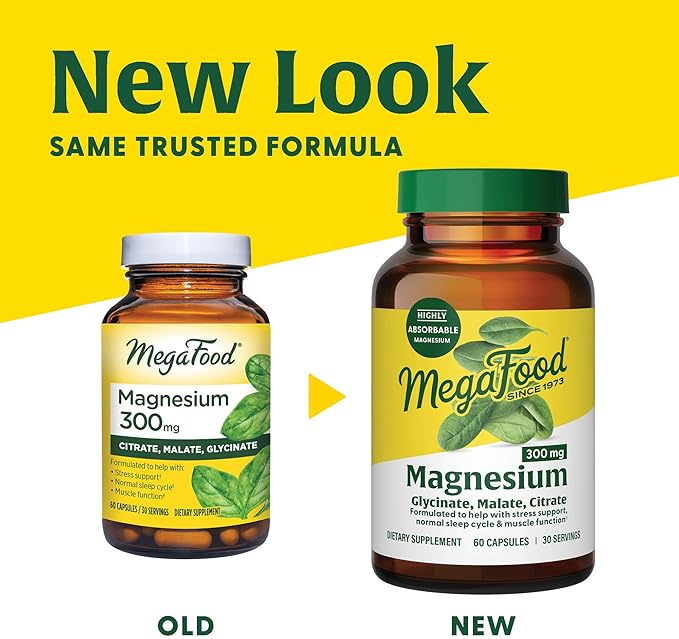 MegaFood Magnesium 300 mg - Highly Absorbable Blend of Magnesium Glycinate, Citrate & Malate to Help Support Heart, Nerve Health & Relaxation - 60 Capsules (30 Servings)