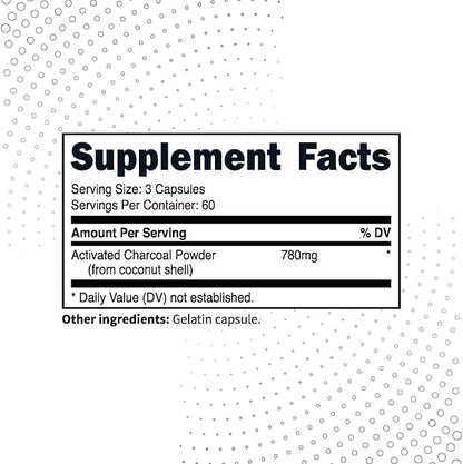 Type Zero Activated Charcoal Capsules (180 Count) - 60 Servings, 780mg Per Serving, from Coconut Shell, Non-GMO, Gluten-Free