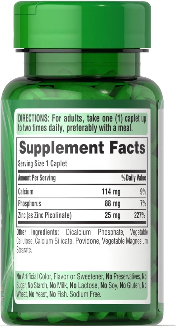 Puritan's Pride Zinc Picolinate Zinc 25mg with Calcium and Phosphorus, Vegetarian Dietary Supplement for Immune System, Energy Metabolism, Cell Division and Growth Support, 100 Caplets
