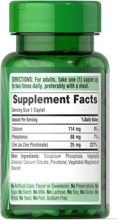 Puritan's Pride Zinc Picolinate Zinc 25mg with Calcium and Phosphorus, Vegetarian Dietary Supplement for Immune System, Energy Metabolism, Cell Division and Growth Support, 100 Caplets