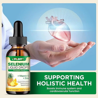 Selenium Liquid Drops, 200mcg Liquid Selenium Supplement with Vitamin C & Zinc, Support for Immune System, Antioxidant & Heart Health, High Absorption, Pineapple Flavor, 2 Fl Oz