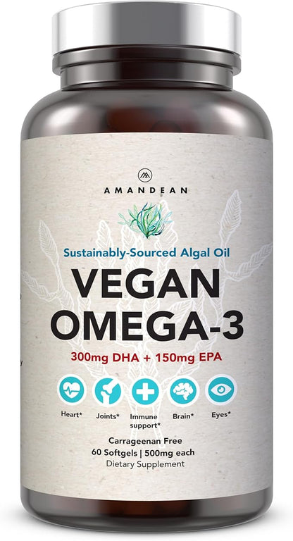 AMANDEAN Vegan Omega 3 Supplement. Premium Fish Oil Alternative. Algae DHA & EPA. Carrageenan Free Softgels. Algal Essential Fatty Acids. Plant Based Heart, Brain, Eye, Skin, Immune Support. (60ct)
