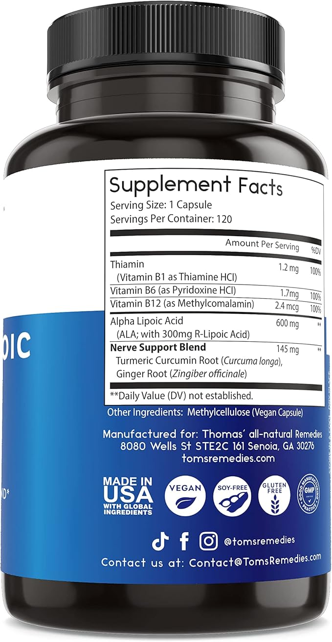 Thomas' all-natural Remedies Alpha Lipoic Acid 600mg, 120 Capsules with B-Vitamins, Vegan, No fillers