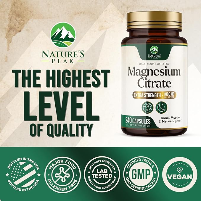 Magnesium Citrate Extra Strength 1000 mg - High Absorption Magnesium Supplement for Muscle, Bone, Nerve & Heart Health Support, Magnesio Vitamin Pills, Non-GMO, Nature's Premium Formula - 240 Capsules