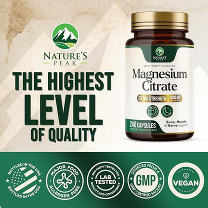 Magnesium Citrate Extra Strength 1000 mg - High Absorption Magnesium Supplement for Muscle, Bone, Nerve & Heart Health Support, Magnesio Vitamin Pills, Non-GMO, Nature's Premium Formula - 240 Capsules