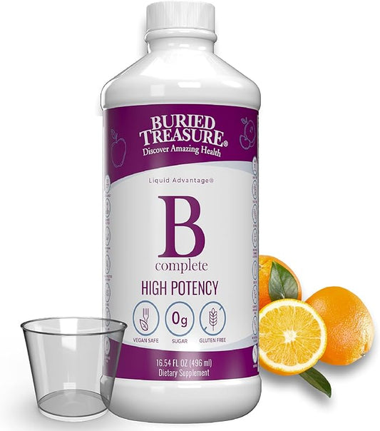 Buried Treasure B Complete High Potency All B Vitamins Liquid Supplement for Stress, Energy and Healthy Immune Support Vegan Non-GMO, 16 oz w/ Dose Cup
