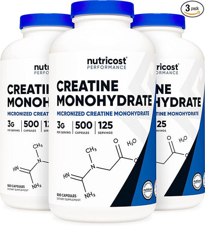 Nutricost Creatine Monohydrate 3000mg (750mg Per Cap), 500 Capsules (3 Bottles)