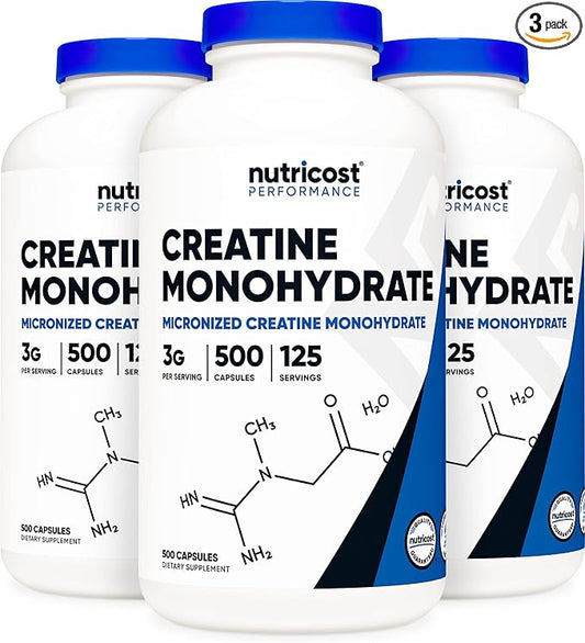 Nutricost Creatine Monohydrate 3000mg (750mg Per Cap), 500 Capsules (3 Bottles)