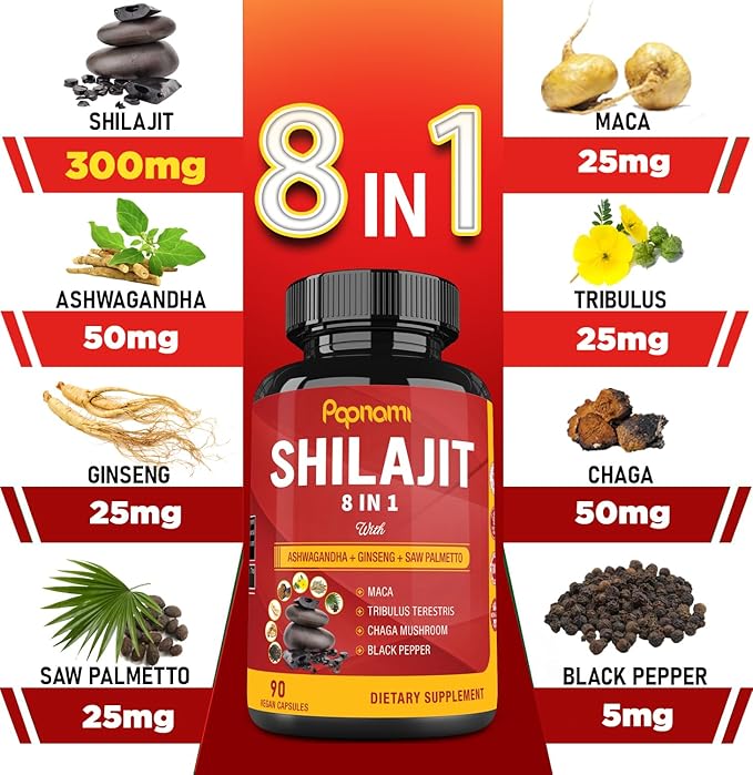 Shilajit Himalayan Capsules - 3 Month Supply - Combined Ashwagandha, Ginseng, Saw Palmetto, Maca, Tribulus, Chaga, Black Pepper