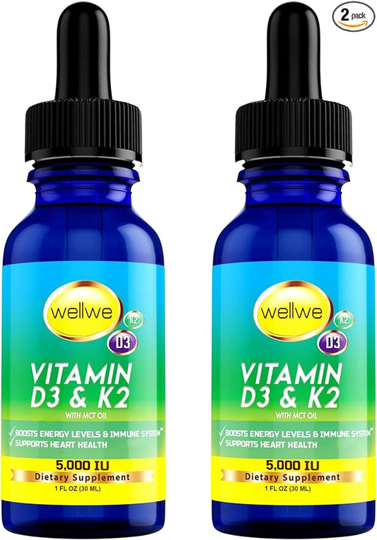 2 Bottles Liquid Vitamin D3 K2 Drops 5000 IU with MCT Oil - Vegan Liquid Vitamin D Supplement to Boost Energy Levels, Mood and Immune System, Unflavored, No Odor, Gluten-Free, Non-GMO, 2 Fl Oz