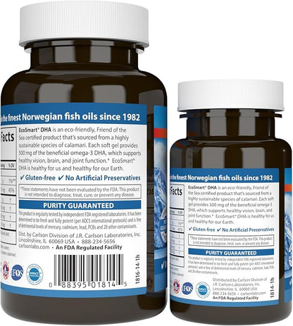 Carlson - EcoSmart DHA, 500 mg DHA, Sustainable Source, Healthy Vision & Brain Function, Lemon, 60+20 Softgels