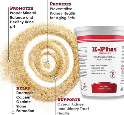 K-Plus Potassium Citrate + Cranberry Granules for Dogs & Cats – Vet-Approved UTI & Bladder Health Support – Helps Maintain Urinary Balance & Kidney Function – Easy-to-Use Granules – 60 Doses