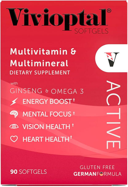 Vivioptal Active, 90 Softgels (1 Year Supply), Ginseng & Omega 3, Multivitamin & Multimineral, Gluten Free, German Formula