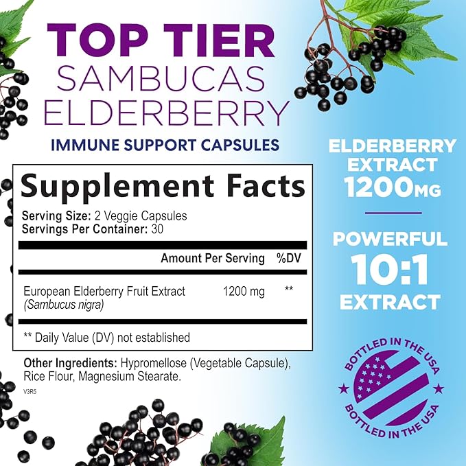 Elderberry Immune Support Extract Capsules - Daily Immune Support for Adults with Natural Sambucus Black Elderberry Antioxidant - No Sugar & Gluten Free Vitamin, Non-GMO Supplement - 60 Capsules