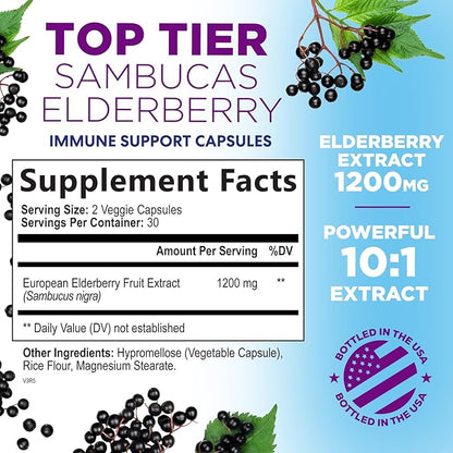 Elderberry Immune Support Extract Capsules - Daily Immune Support for Adults with Natural Sambucus Black Elderberry Antioxidant - No Sugar & Gluten Free Vitamin, Non-GMO Supplement - 60 Capsules