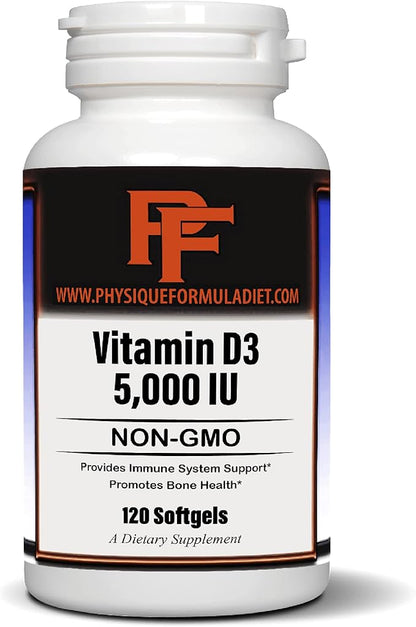 Physique Formula Vitamin D3 5000 IU (125 mcg) in Olive Oil All Natural Non-GMO Vitamin D3 Softgels to Support Muscle, Bone,& Immune System Health