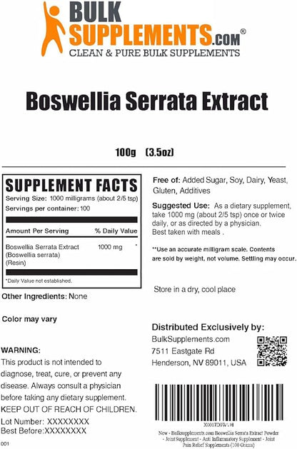 BulkSupplements.com Boswellia Serrata Extract Powder - from Frankincense Resin, Boswellia Serrata Powder - Herbal Supplement, Gluten Free, 500mg per Serving, 100g (3.5 oz) (Pack of 1)