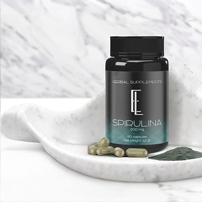 Spirulina Capsules - 90 x 500 mg, High-Potency Plant-Based Superfood, Supplements, Non-GMO Vegetable Cellulose Vegan Friendly Capsules