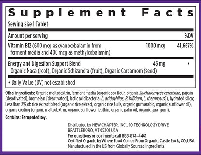 New Chapter Fermented Vitamin B12 1,000 mcg, USDA Organic, ONE Daily for Cellular Energy + Healthy Blood Cells, Certified Vegan, Gluten Free - 60 Count