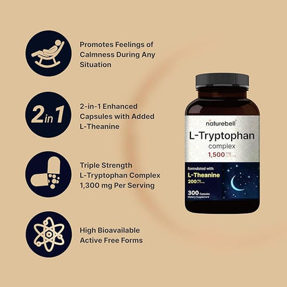 NatureBell L Tryptophan 1300mg with L Theanine 200mg, 300 Capsules | Active Free Form, Plant Based Supplement – Calm Formula, Supports Relaxation – Non-GMO & No Gluten