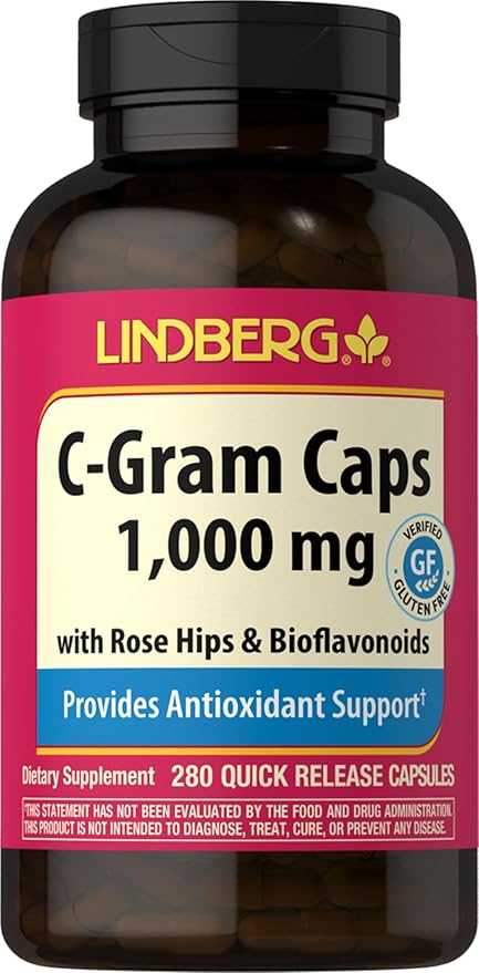 Lindberg Vitamin C 1000mg | with Bioflavonoids and Rose HIPS | 280 Capsules | Non-GMO, Gluten Free Supplement