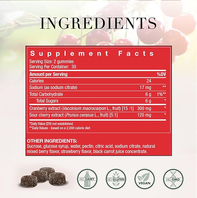 NEW NORDIC Cranberry Supplement Gummies for Women, Normal Urinary Tract & Bladder Support, Balance with Cran Berry & Sour Cherry, 60 Count