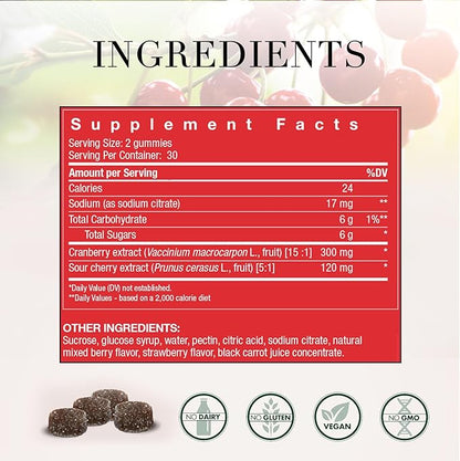 NEW NORDIC Cranberry Supplement Gummies for Women, Normal Urinary Tract & Bladder Support, Balance with Cran Berry & Sour Cherry, 60 Count