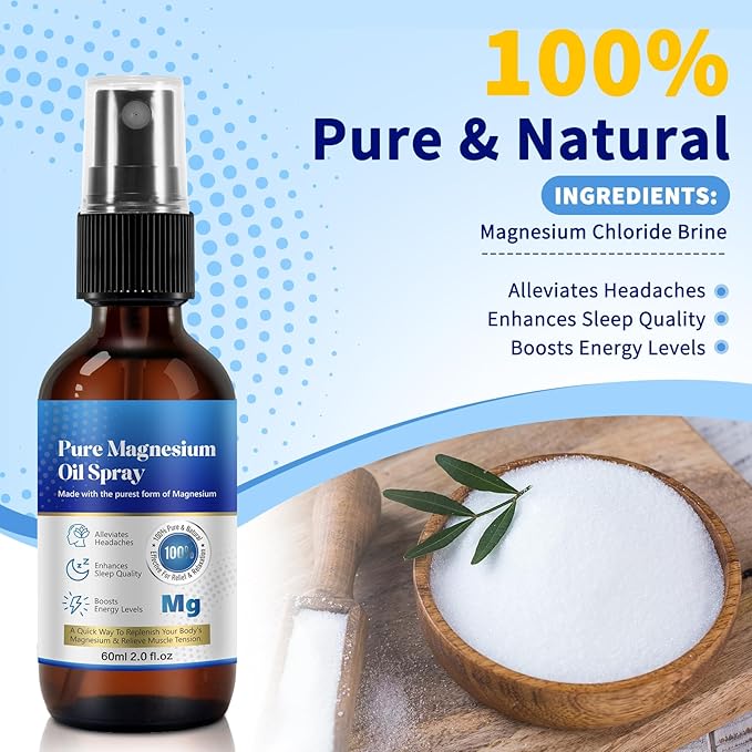 2 Pack Pure Magnesium Oil Spray, Magnesium Oil Spray, 100% Pure & Natural Organic Concentrated Magnesium Chloride Oil