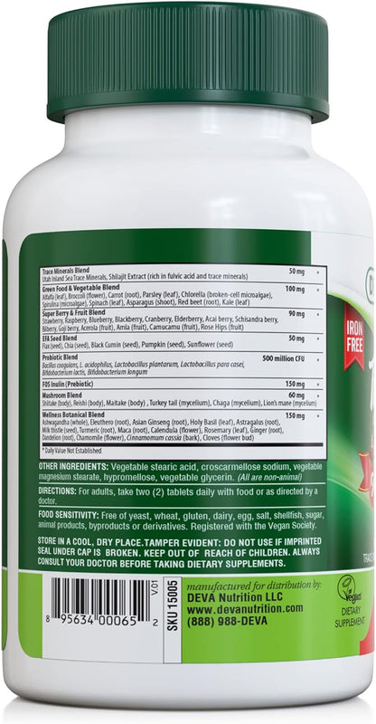 DEVA Tuba Prime Vegan Multivitamin Iron-Free - High-Potency Vitamin & Mineral Dietary Supplement - Antioxidants, Fruit & Vegetable Blend, Super Mushrooms, Probiotics, Prebiotics, Seeds, Herbs 90 Tabs