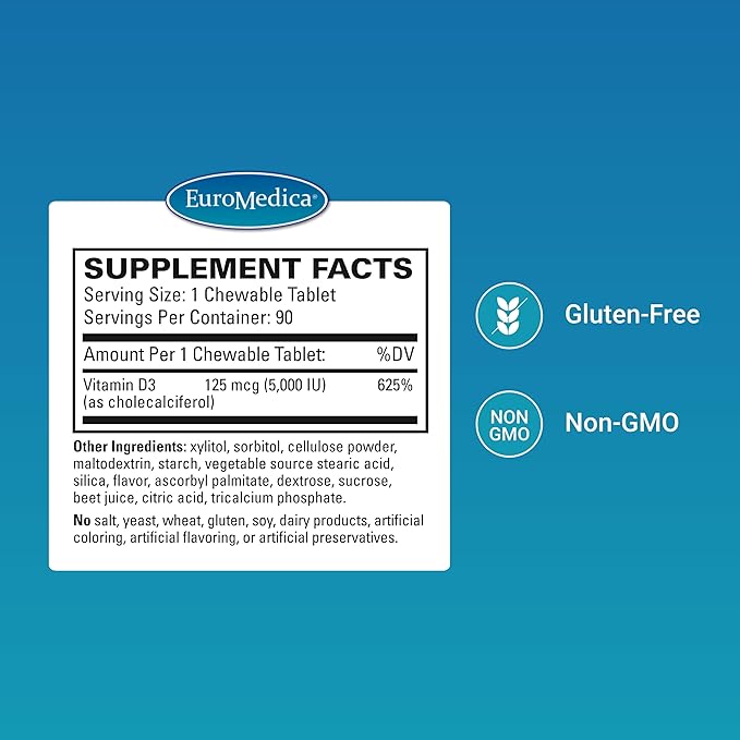 EuroMedica Vitamin D3 - Bone Health & Bone Strength Support Supplement - Dietary Supplement for Immune System & Brain Support - 5,000 IU Vitamin D Tablets with Mixed Berry Flavor - 90 Chewable Tablets