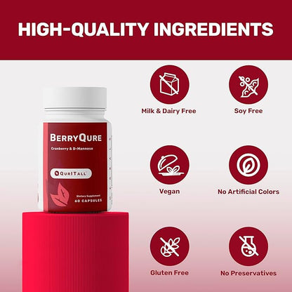 BerryQure Cranberry & D-Mannose Supplements for Women - D-Mannose Pills with Cranberry Juice Powder, Hibiscus Flower & Dandelion Herb Supports Urinary Tract Health - 60 Capsules