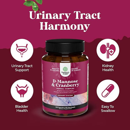 D Mannose with Cranberry Supplement - Potent D Mannose 1000mg Capsules for Kidney Defense Support & Cleanse and Urinary Tract Health for Women & Men - Bladder Health Supplement for Adults - 240 Count