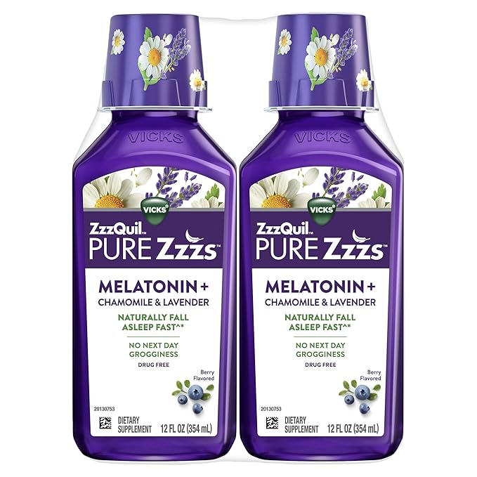 ZzzQuil Pure Zzzs Melatonin Liquid, Sleep Aid, Liquid Melatonin 2mg, with Chamomile & Lavender, Fall Asleep Fast, Melatonin Sleep Aids for Adults, Berry Flavored, 2 Pack, 24 FL OZ