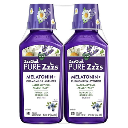 ZzzQuil Pure Zzzs Melatonin Liquid, Sleep Aid, Liquid Melatonin 2mg, with Chamomile & Lavender, Fall Asleep Fast, Melatonin Sleep Aids for Adults, Berry Flavored, 2 Pack, 24 FL OZ