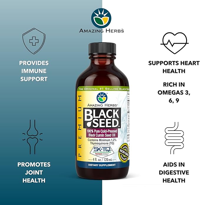 Amazing Herbs Premium Black Seed Oil - Cold Pressed Nigella Sativa Aids in Digestive Health, Immune Support, Brain Function, Joint Mobility, Gluten Free, Non GMO - 4 Fl Oz