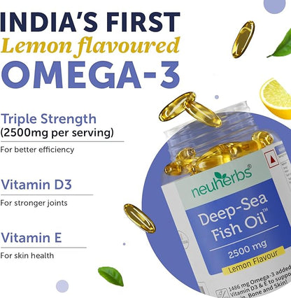 Deep Sea Fish Oil (60 Softgels) Omega 3 Supplement Triple Strength 2500 Mg for Muscle, Joints, Heart & Cognitive Support | No Fishy Burps with Lemon Flavour for Men & Women | (Pack of 1)