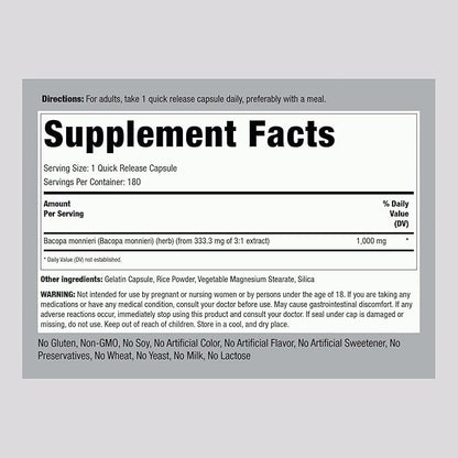 Piping Rock Bacopa Monnieri Supplement 1000mg | 180 Capsules | Herbal Extract |Non-GMO & Gluten Free