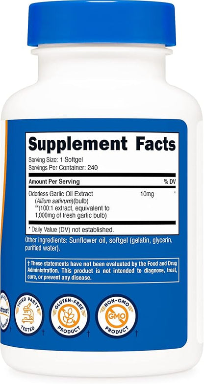 Nutricost Garlic 1000mg, 240 Softgels (2 Bottles) - Orderless, Premium Gluten Free Supplement