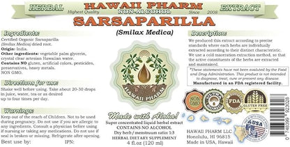 Sarsaparilla Alcohol-Free Liquid Extract, Sarsaparilla (Smilax Medica) Dried Root Glycerite Natural Herbal Supplement, Hawaii Pharm, USA 2 fl.oz