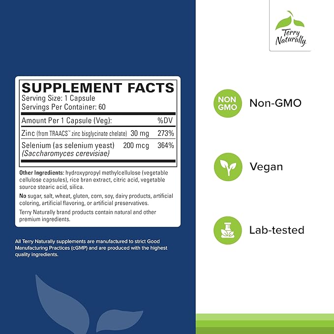 Terry Naturally Zinc Plus Selenium - Immune & Respiratory Health Supplement - Mineral Supplement with Zinc Bisglycinate Chelate - Formula with Selenium for Cellular Health Support - 60 Capsules