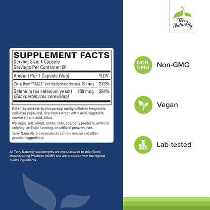 Terry Naturally Zinc Plus Selenium - Immune & Respiratory Health Supplement - Mineral Supplement with Zinc Bisglycinate Chelate - Formula with Selenium for Cellular Health Support - 60 Capsules