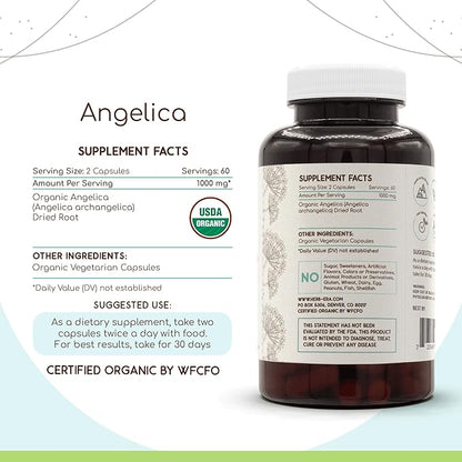 Angelica USDA Organic 120 Capsules | Natural Herbal Supplement | Certified Organic Vegetarian Capsules and Organic Angelica (Angelica archangelica) Dried Root (120 Capsules)