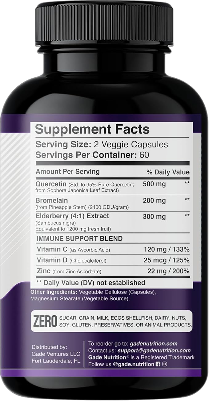 Gade Nutrition Quercetin with Bromelain & Elderberry | Quercetin with Vitamin C and Zinc | Zinc Quercetin 500mg with Vitamin D3 | Daily Immune Support Supplement - 2 Months Supply