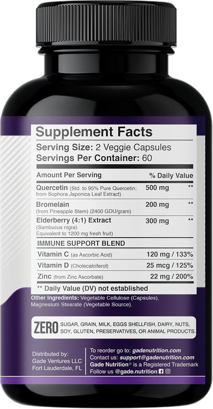 Gade Nutrition Quercetin with Bromelain & Elderberry | Quercetin with Vitamin C and Zinc | Zinc Quercetin 500mg with Vitamin D3 | Daily Immune Support Supplement - 2 Months Supply