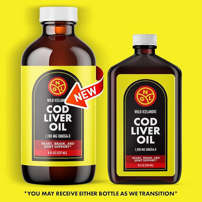 NGL Pure Cod Liver Oil - Wild Icelandic - 1,100 mg Omega-3 + Natural Vitamin A & D - Heart and Brain Health, Joint Support 8 Fl Oz