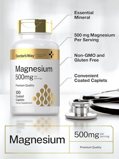 Doctor's Way Magnesium Supplement 500mg | 100 Coated Caplets | Magnesium Oxide | Vegetarian, Non-GMO, Gluten Free
