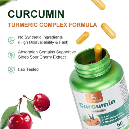 Curcumin Turmeric 95% with Celery Seed, Sour Cherry, Frankincense Extract, Glucosamine 5 in 1 Formula 95% Curcuminoid Natural Antioxidant Supplements Support to Joints and Immune Health