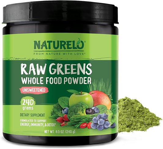 NATURELO Raw Greens Superfood Powder - Unsweetened - Boost Energy, Detox, Enhance Health - Organic Spirulina - Wheat Grass - Whole Food Nutrition from Fruits & Vegetables - 240 Grams