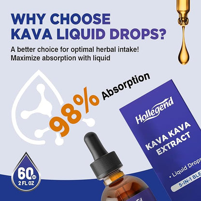 Kava Kava Root Extract Liquid Drops, 5 in 1 Blend with Ashwagandha, Lemon Balm, L-Theanine, Kava Tincture Supplement for Stress Relief, Sleep, Brain Health, 2 Fl Oz